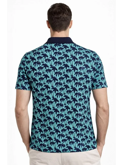 Erkek Pike Kumaş Polo Yaka Palmiye Desenli Tişört Kısa Kol Yazlık T-shirt - Turkuaz