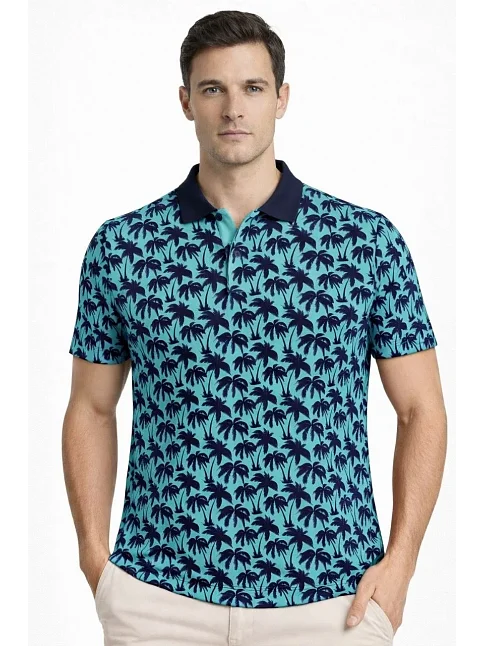 Erkek Pike Kumaş Polo Yaka Palmiye Desenli Tişört Kısa Kol Yazlık T-shirt - Turkuaz