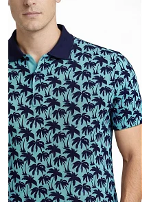 Erkek Pike Kumaş Polo Yaka Palmiye Desenli Tişört Kısa Kol Yazlık T-shirt - Turkuaz