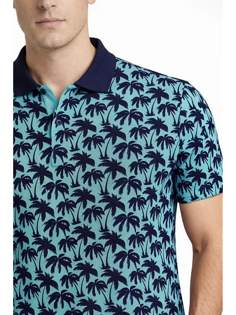 Erkek Pike Kumaş Polo Yaka Palmiye Desenli Tişört Kısa Kol Yazlık T-shirt - Turkuaz