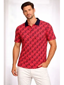 Erkek Pike Kumaş Polo Yaka Palmiye Desenli Tişört Kısa Kol Yazlık T-shirt - Kırmızı