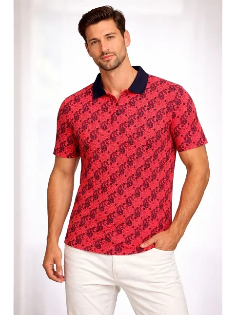 Erkek Pike Kumaş Polo Yaka Palmiye Desenli Tişört Kısa Kol Yazlık T-shirt - Kırmızı Erkek Pike Kumaş Polo Yaka Palmiye Desenli Tişört Kısa Kol Yazlık T-shirt - Kırmızı