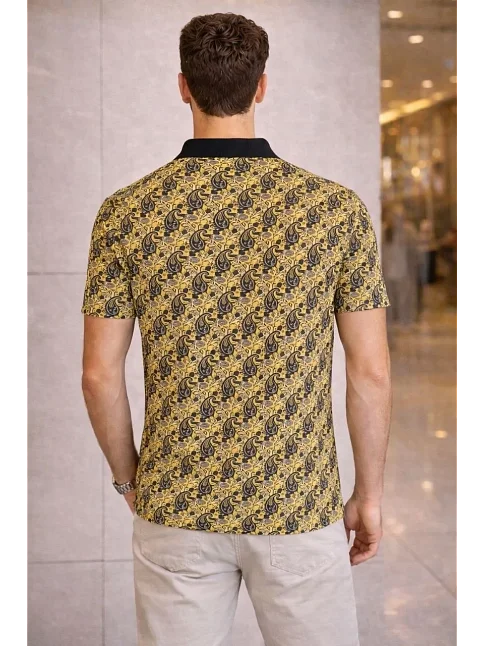 Erkek Pike Kumaş Polo Yaka Palmiye Desenli Tişört Kısa Kol Yazlık T-shirt - Sarı Erkek Pike Kumaş Polo Yaka Palmiye Desenli Tişört Kısa Kol Yazlık T-shirt - Sarı