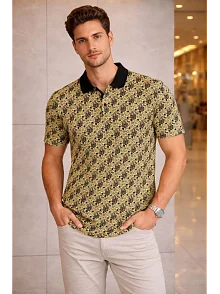 Erkek Pike Kumaş Polo Yaka Palmiye Desenli Tişört Kısa Kol Yazlık T-shirt - Sarı