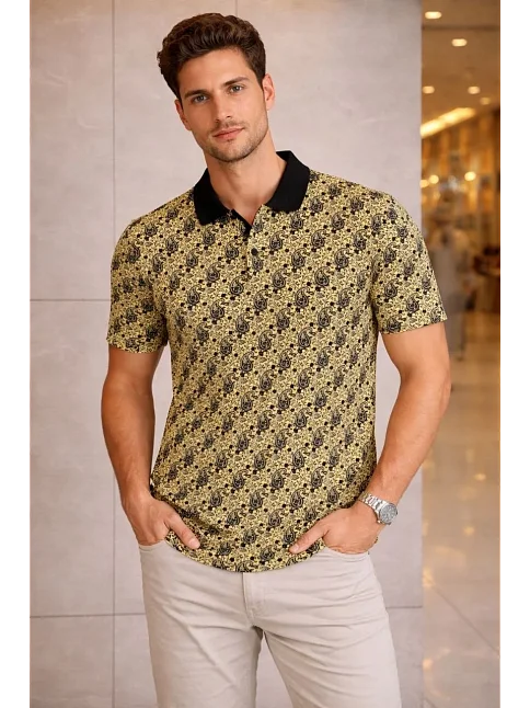 Erkek Pike Kumaş Polo Yaka Palmiye Desenli Tişört Kısa Kol Yazlık T-shirt - Sarı Erkek Pike Kumaş Polo Yaka Palmiye Desenli Tişört Kısa Kol Yazlık T-shirt - Sarı