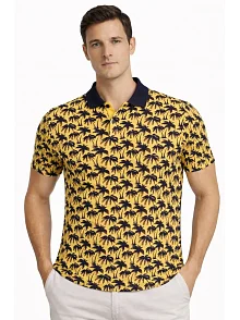 Erkek Pike Kumaş Polo Yaka Palmiye Desenli Tişört Kısa Kol Yazlık T-shirt - Sarı