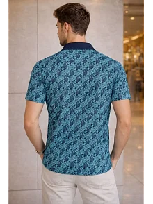 Erkek Pike Kumaş Polo Yaka Palmiye Desenli Tişört Kısa Kol Yazlık T-shirt - Turkuaz Erkek Pike Kumaş Polo Yaka Palmiye Desenli Tişört Kısa Kol Yazlık T-shirt - Turkuaz
