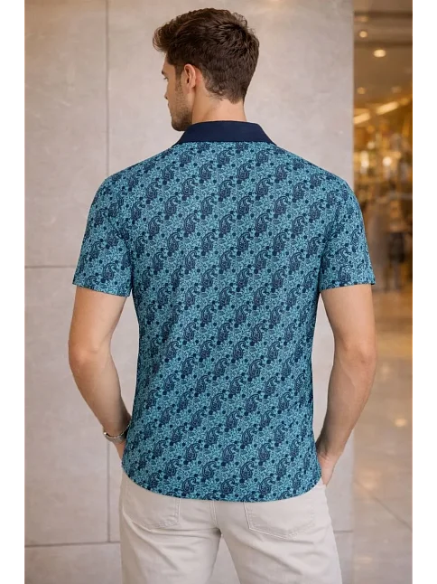 Erkek Pike Kumaş Polo Yaka Palmiye Desenli Tişört Kısa Kol Yazlık T-shirt - Turkuaz Erkek Pike Kumaş Polo Yaka Palmiye Desenli Tişört Kısa Kol Yazlık T-shirt - Turkuaz
