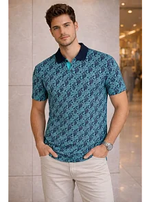 Erkek Pike Kumaş Polo Yaka Palmiye Desenli Tişört Kısa Kol Yazlık T-shirt - Turkuaz