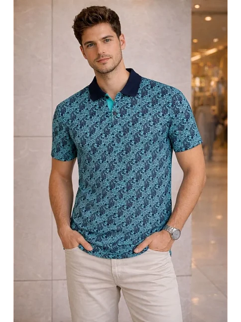 Erkek Pike Kumaş Polo Yaka Palmiye Desenli Tişört Kısa Kol Yazlık T-shirt - Turkuaz Erkek Pike Kumaş Polo Yaka Palmiye Desenli Tişört Kısa Kol Yazlık T-shirt - Turkuaz