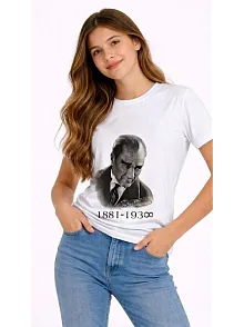 Kız Çocuk Atatürk Baskılı Tişört Kısa Kollu Bisiklet Yaka T-shirt - Beyaz