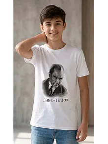 Erkek Çocuk Atatürk Baskılı Tişört Kısa Kollu Bisiklet Yaka T-shirt - Beyaz