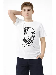 Erkek Çocuk Atatürk Baskılı Tişört Kısa Kollu Bisiklet Yaka T-shirt - Beyaz