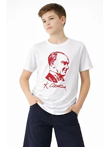 Erkek Çocuk Atatürk Baskılı Tişört Kısa Kollu Bisiklet Yaka T-shirt - Beyaz