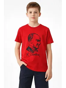 Erkek Çocuk Atatürk Baskılı Tişört Kısa Kollu Bisiklet Yaka T-shirt - Kırmızı