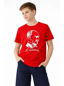 Erkek Çocuk Atatürk Baskılı Tişört Kısa Kollu Bisiklet Yaka T-shirt - Kırmızı