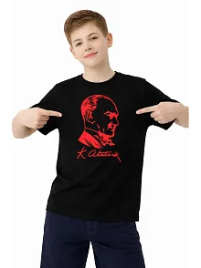 Erkek Çocuk Atatürk Baskılı Tişört Kısa Kollu Bisiklet Yaka T-shirt - Siyah