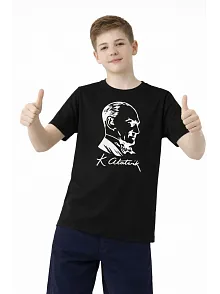 Erkek Çocuk Atatürk Baskılı Tişört Kısa Kollu Bisiklet Yaka T-shirt - Siyah Erkek Çocuk Atatürk Baskılı Tişört Kısa Kollu Bisiklet Yaka T-shirt - Siyah