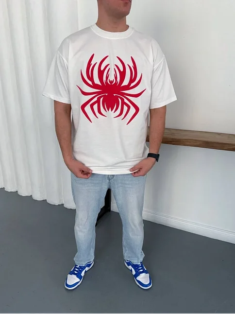 Erkek Örümcek Baskılı Tişört Kısa Kollu Bisiklet Yaka T-shirt - Beyaz