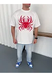 Erkek Örümcek Baskılı Tişört Kısa Kollu Bisiklet Yaka T-shirt - Beyaz