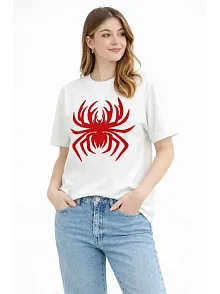 Kadın Örümcek Baskılı Tişört Kısa Kollu Bisiklet Yaka T-shirt - Beyaz