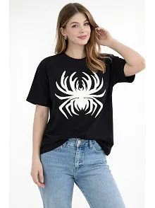 Kadın Örümcek Baskılı Tişört Kısa Kollu Bisiklet Yaka T-shirt - Siyah