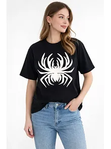 Kadın Örümcek Baskılı Tişört Kısa Kollu Bisiklet Yaka T-shirt - Siyah Kadın Örümcek Baskılı Tişört Kısa Kollu Bisiklet Yaka T-shirt - Siyah