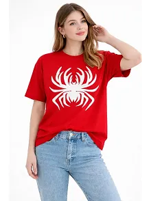 Kadın Örümcek Baskılı Tişört Kısa Kollu Bisiklet Yaka T-shirt - Kırmızı