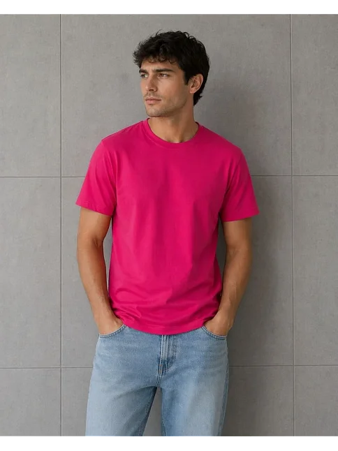 Erkek Basic Pamuklu Tişört Bisiklet Yaka Düz Renk Regular Fit T-shirt - Fuşya Erkek Basic Pamuklu Tişört Bisiklet Yaka Düz Renk Regular Fit T-shirt - Fuşya