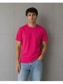 Erkek Basic Pamuklu Tişört Bisiklet Yaka Düz Renk Regular Fit T-shirt - Fuşya