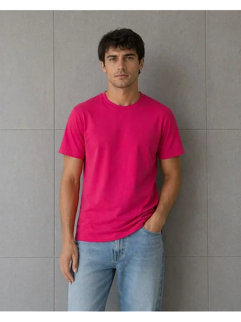 Erkek Basic Pamuklu Tişört Bisiklet Yaka Düz Renk Regular Fit T-shirt - Fuşya Erkek Basic Pamuklu Tişört Bisiklet Yaka Düz Renk Regular Fit T-shirt - Fuşya