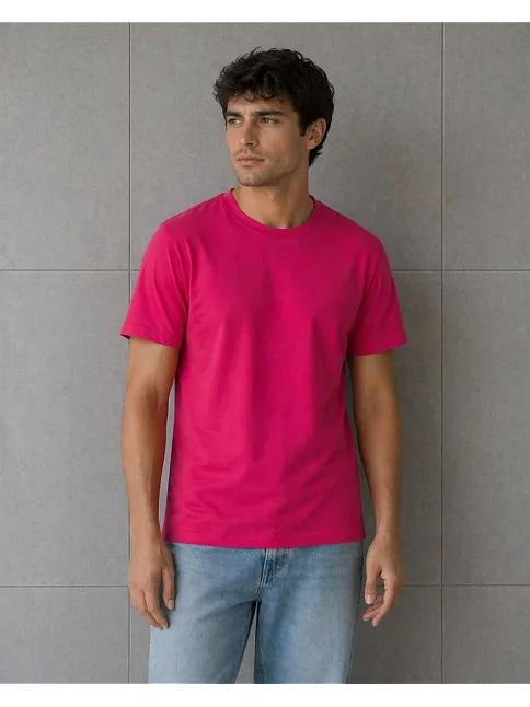 Erkek Basic Pamuklu Tişört Bisiklet Yaka Düz Renk Regular Fit T-shirt - Fuşya Erkek Basic Pamuklu Tişört Bisiklet Yaka Düz Renk Regular Fit T-shirt - Fuşya