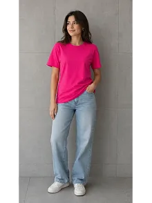 Kadın Basic Pamuklu Tişört Bisiklet Yaka Düz Renk Relaxed Fit T-shirt - Fuşya