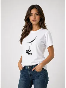 Kadın Astronot Ay Temalı Tişört Kısa Kol Yazlık Bisiklet Yaka T-shirt - Beyaz