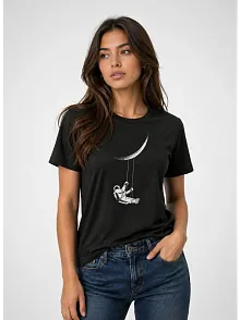 Kadın Astronot Ay Temalı Tişört Kısa Kol Yazlık Bisiklet Yaka T-shirt - Siyah