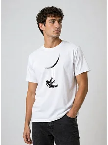 Erkek Astronot Ay Temalı Tişört Kısa Kol Yazlık Bisiklet Yaka T-shirt - Beyaz