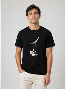 Erkek Astronot Ay Temalı Tişört Kısa Kol Yazlık Bisiklet Yaka T-shirt - Siyah