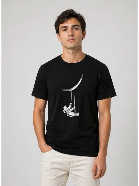 Erkek Astronot Ay Temalı Tişört Kısa Kol Yazlık Bisiklet Yaka T-shirt - Siyah