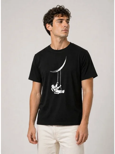 Erkek Astronot Ay Temalı Tişört Kısa Kol Yazlık Bisiklet Yaka T-shirt - Siyah
