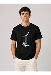 Erkek Astronot Ay Temalı Tişört Kısa Kol Yazlık Bisiklet Yaka T-shirt - Siyah