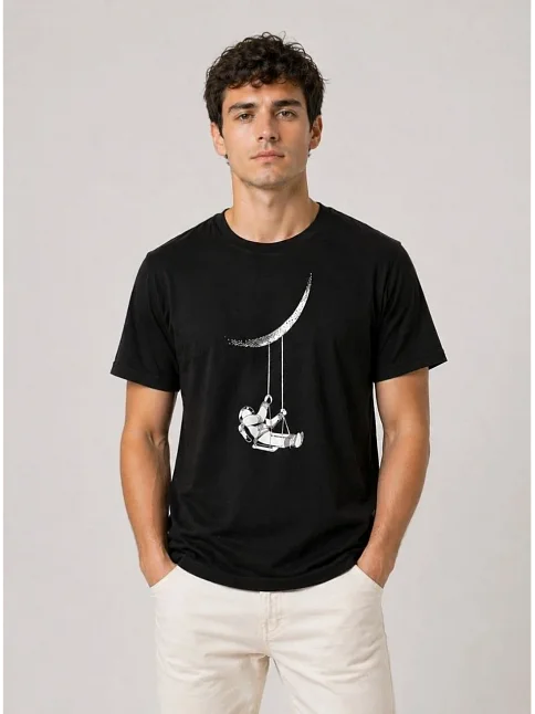 Erkek Astronot Ay Temalı Tişört Kısa Kol Yazlık Bisiklet Yaka T-shirt - Siyah