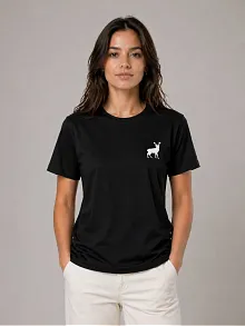 Kadın Minimal Geyik Logolu Tişört Bisiklet Yaka Kısa Kol Yazlık T-shirt - Siyah