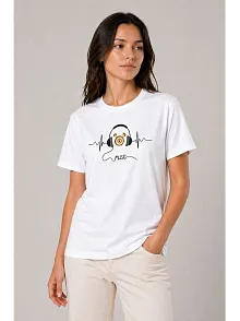 Kadın Müzik Temalı Baskılı Tişört Bisiklet Yaka Kısa Kol T-shirt - Beyaz