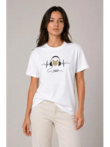 Kadın Müzik Temalı Baskılı Tişört Bisiklet Yaka Kısa Kol T-shirt - Beyaz Kadın Müzik Temalı Baskılı Tişört Bisiklet Yaka Kısa Kol T-shirt - Beyaz