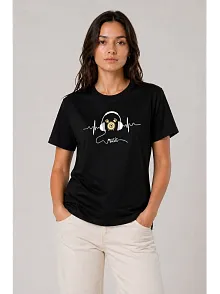 Kadın Müzik Temalı Baskılı Tişört Bisiklet Yaka Kısa Kol T-shirt - Siyah