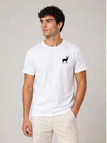 Erkek Minimal Geyik Logolu Tişört Bisiklet Yaka Kısa Kol Yazlık T-shirt - Beyaz