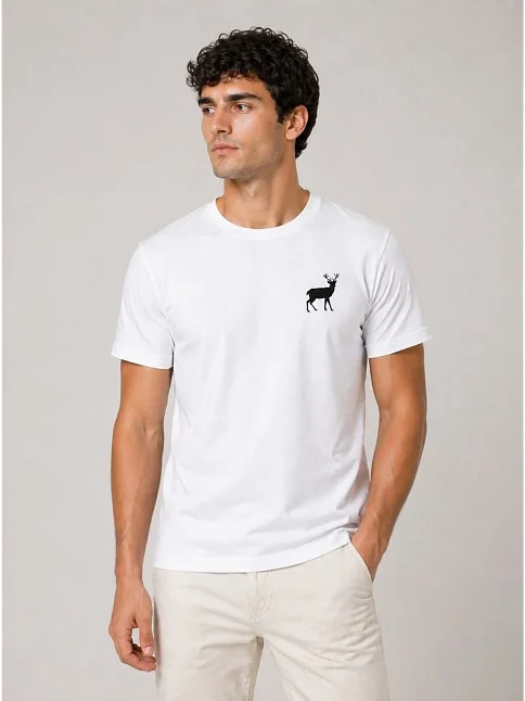 Erkek Minimal Geyik Logolu Tişört Bisiklet Yaka Kısa Kol Yazlık T-shirt - Beyaz