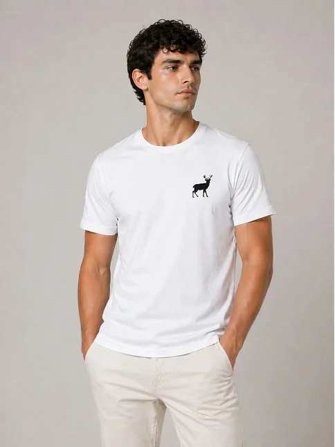 Erkek Minimal Geyik Logolu Tişört Bisiklet Yaka Kısa Kol Yazlık T-shirt - Beyaz