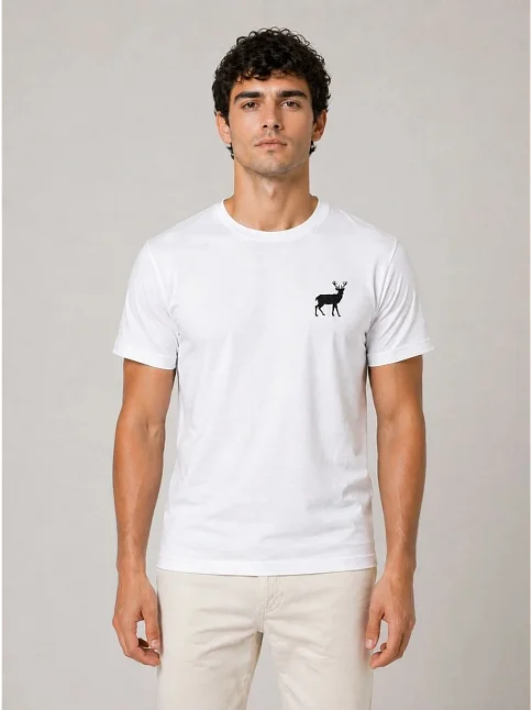 Erkek Minimal Geyik Logolu Tişört Bisiklet Yaka Kısa Kol Yazlık T-shirt - Beyaz