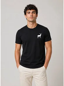 Erkek Minimal Geyik Logolu Tişört Bisiklet Yaka Kısa Kol Yazlık T-shirt - Siyah